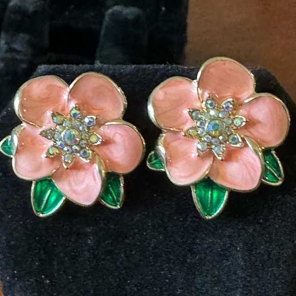 Pink, Orange, Green Glazed, Glossy, Enamel, Crystal Flower Shaped Stud Earrings - Picture 6 of 6